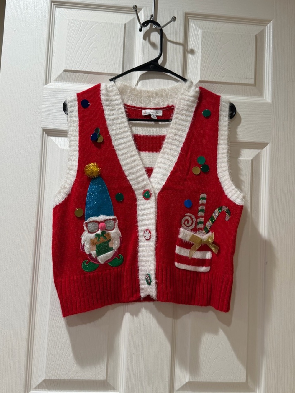 Women’s  Red Holiday Vest with Festive Appliques - Brand: